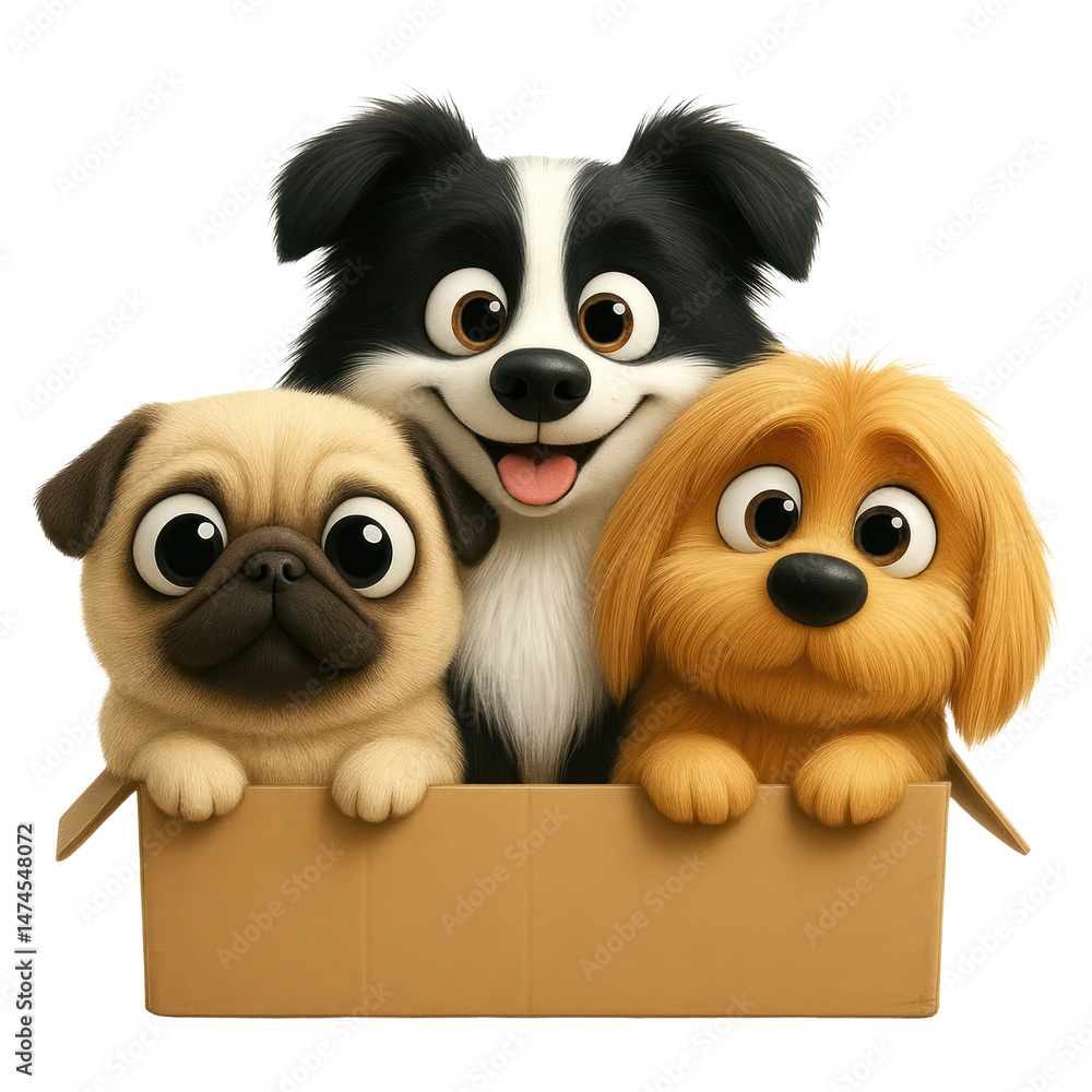 Fototapeta premium PNG Adorable cartoon puppies in box.