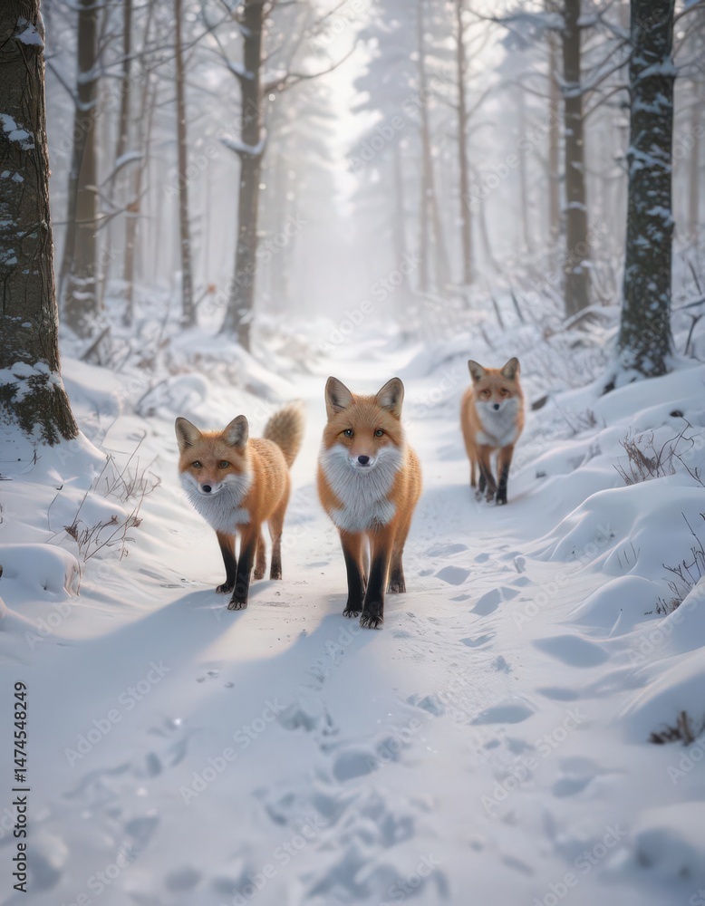 Obraz premium Three delicate fox prints trail through snowy woods , wildlife, footprints, cold
