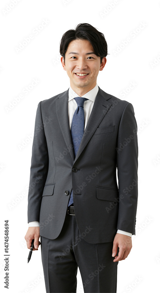 Professional East Asian man in his thirties wearing a dark grey business suit and blue tie, smiling confidently while holding a pen, studio portrait. Professional East Asian man in his thirties wearing a dark grey business suit and blue tie, smiling confidently while holding a pen, studio portrait.