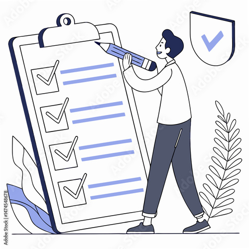 Illustration depicting a person checking a list on a clipboard suitable for business planning concepts