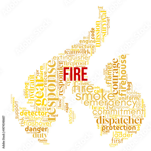 Word cloud centered on "Fire", featuring words about heat, energy, danger, and transformation. Ideal for designs related to flames, power, emergency, or symbolic intensity