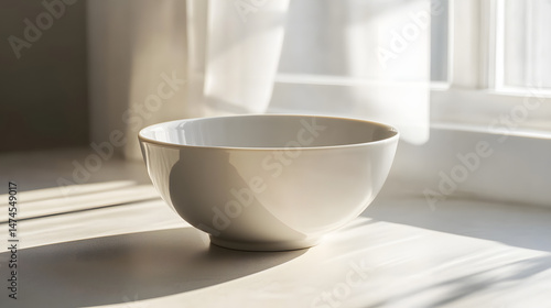 Wallpaper Mural Minimalist Bowl: A simple ceramic bowl rests on a sunlit windowsill, embraced by gentle light and soft shadows that accentuate its curves, radiating a serene atmosphere. Torontodigital.ca