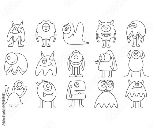 doodle monster character line icons set