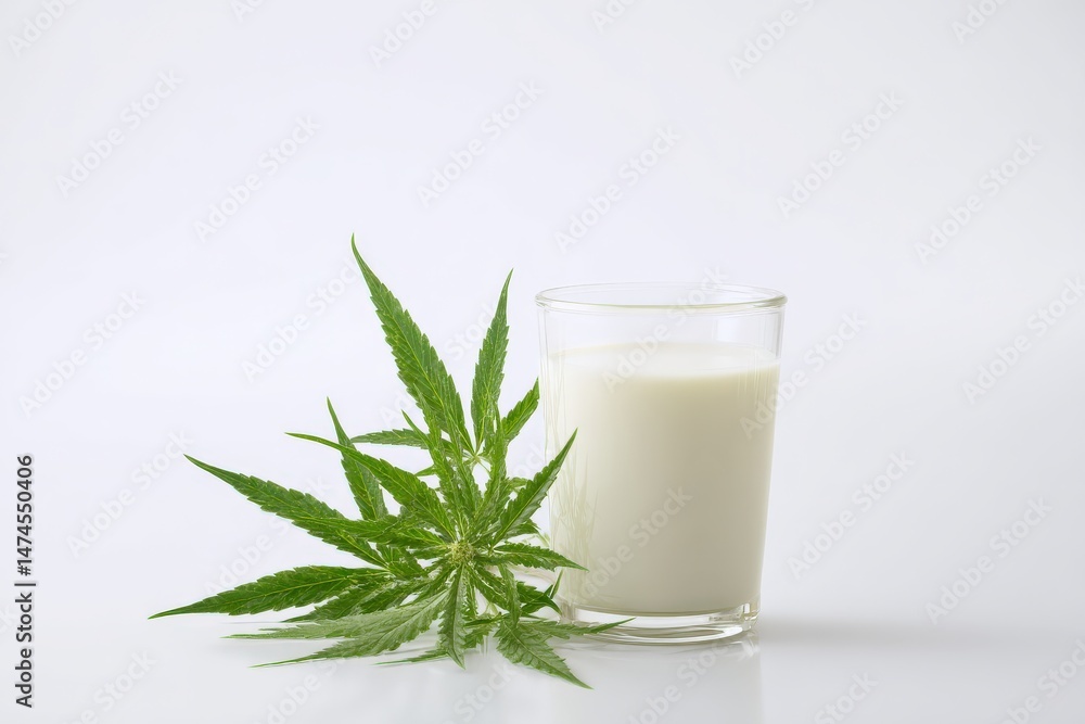 Glass of hemp milk with fresh hemp leaves. Glass of hemp milk with fresh hemp leaves.