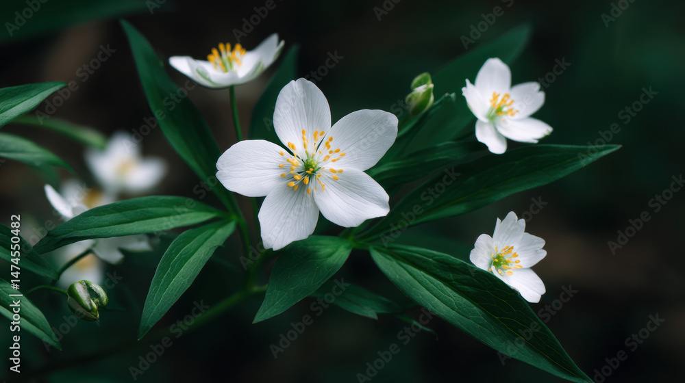 Delicate white anemone flowers with bright yellow centers are surrounded by lush green leaves in a tranquil woodland setting creating a serene natural scene. Delicate white anemone flowers with bright yellow centers are surrounded by lush green leaves in a tranquil woodland setting creating a serene natural scene.
