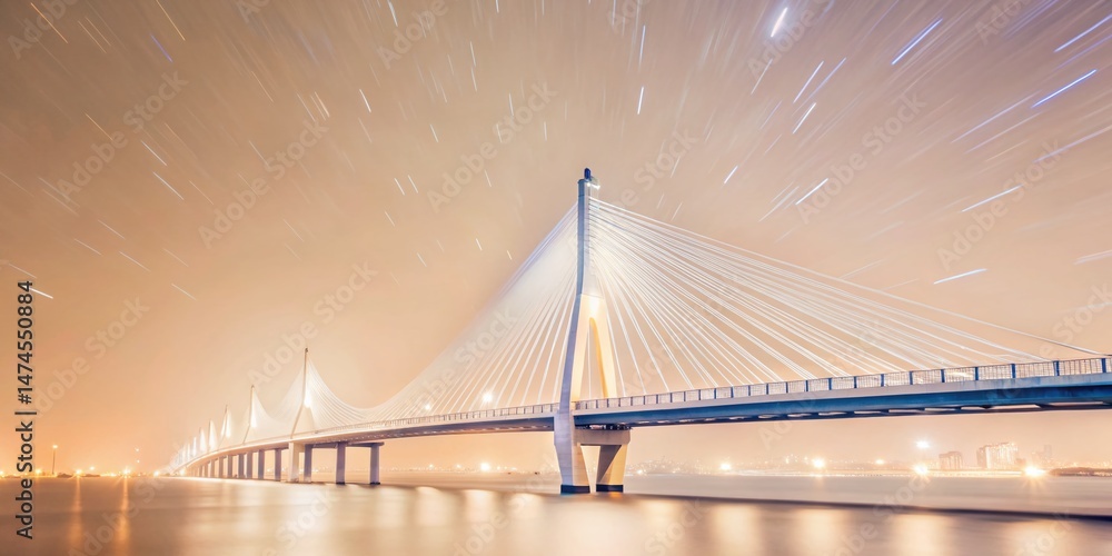 Obraz premium Majestic Skybridge at Night: Long Exposure Photography of Elevated Walkway