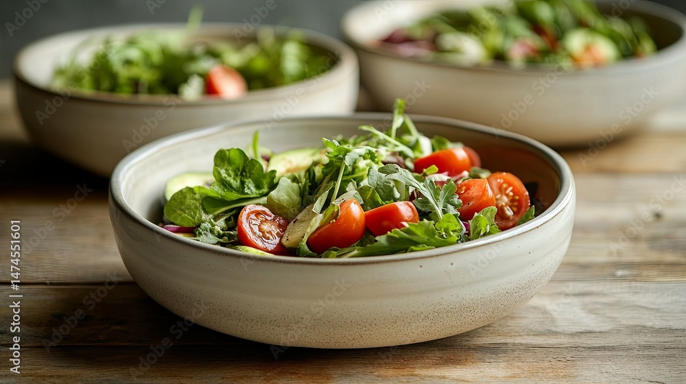 Ceramic bowls filled with fresh salads and vegetables. Ceramic bowls filled with fresh salads and vegetables.