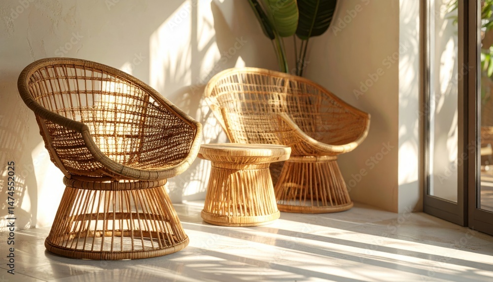 Fototapeta premium Cozy Rattan Chairs in Sunlit Living Room with Natural Elements