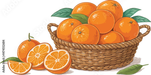 Oranges in basket with orange slice in white background vector design, Orange illustration vector design, Orange in basket