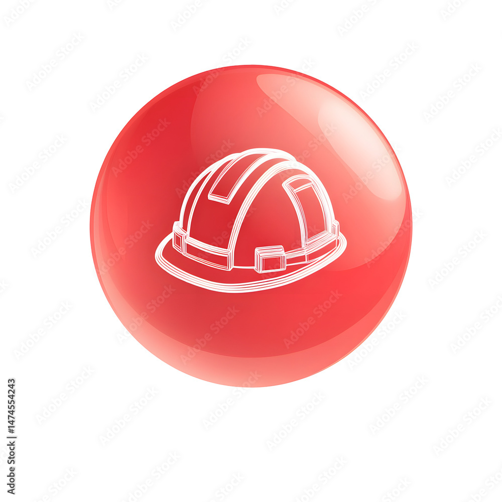 Fototapeta premium A minimalist 3D icon depicting a white construction hard hat within a glossy reflective red spherical shape on a plain white background symbolizing safety and protection in the construction industry