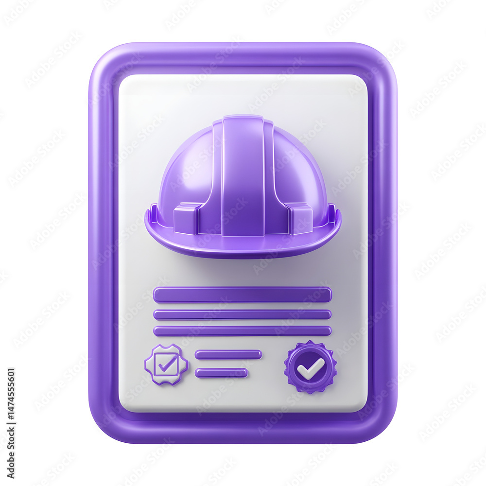 Fototapeta premium Purple 3D icon featuring a glowing white engineering certificate with a front facing safety helmet conveying professionalism and qualification in the construction or industrial sectors