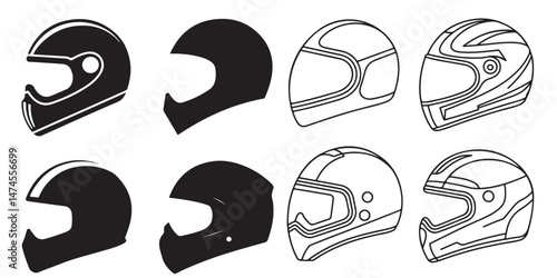 Classic Motorcycle Helmet Designs Black Silhouettes, Outline Illustrations of Modern Motorcycle Helmets, Black and White Motorcycle Helmet Designs