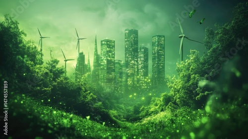 a green city surrounded by wind turbines and trees, landscape of a future city
