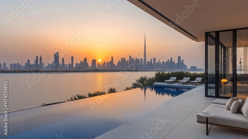 Stunning waterfront villa with panoramic city views at sunset.  Luxury pool deck with modern design