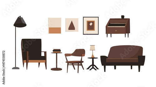 Modern flat living room interior with minimalist furniture, soft neutral tones, cozy decor elements, and natural lighting, creating a comfortable and stylish urban home environment.