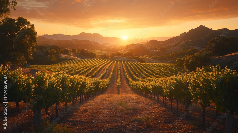 Naklejka premium Stunning vineyard landscape at golden sunset