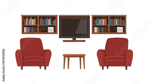Modern flat living room interior with minimalist furniture, soft neutral tones, cozy decor elements, and natural lighting, creating a comfortable and stylish urban home environment.