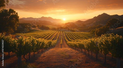 Stunning vineyard landscape at golden sunset