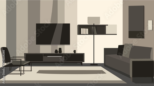 Modern flat living room interior with minimalist furniture, soft neutral tones, cozy decor elements, and natural lighting, creating a comfortable and stylish urban home environment.