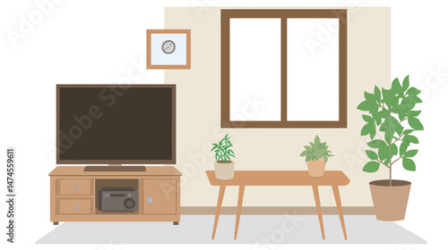 Modern flat living room interior with minimalist furniture, soft neutral tones, cozy decor elements, and natural lighting, creating a comfortable and stylish urban home environment.