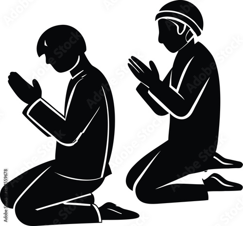 Two Muslim Men Kneeling in Prayer Silhouette Illustration