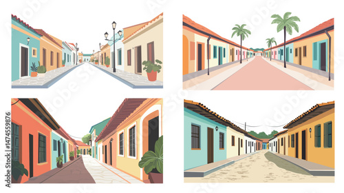 Looking down on a modest Latino colonial street with traditional architecture, warm earthy tones, tiled rooftops, and narrow alleyways, evoking a peaceful, historical, and cultural atmosphere.