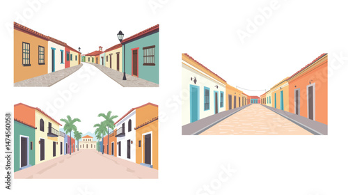 Looking down on a modest Latino colonial street with traditional architecture, warm earthy tones, tiled rooftops, and narrow alleyways, evoking a peaceful, historical, and cultural atmosphere.