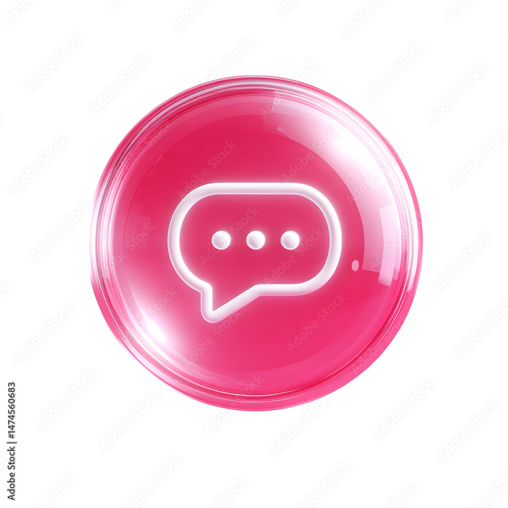 Naklejka premium A vibrant pink circular design with a glowing white speech bubble icon and three ellipsis dots symbolizing messaging conversation and contemplation
