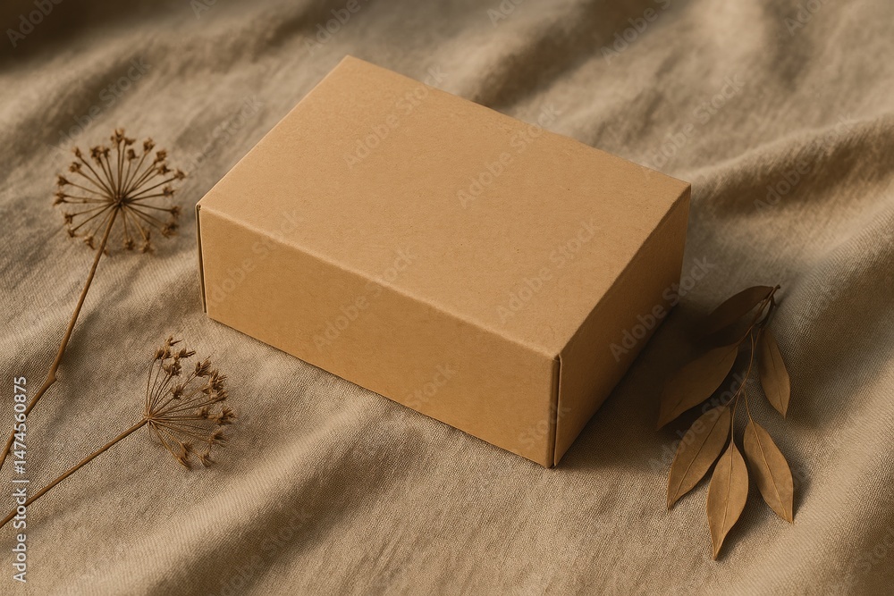Sustainable kraft box resting on a beige linen fabric with dried flowers and leaves, promoting eco friendly packaging