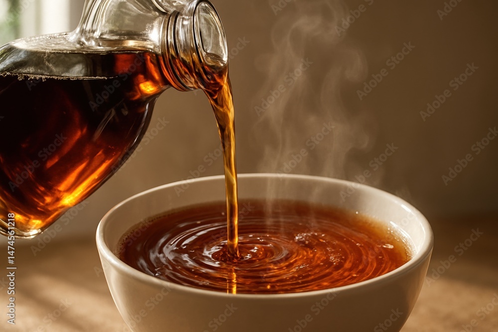 Steaming hot maple syrup or brown liquid being poured from a glass jug into white bowl