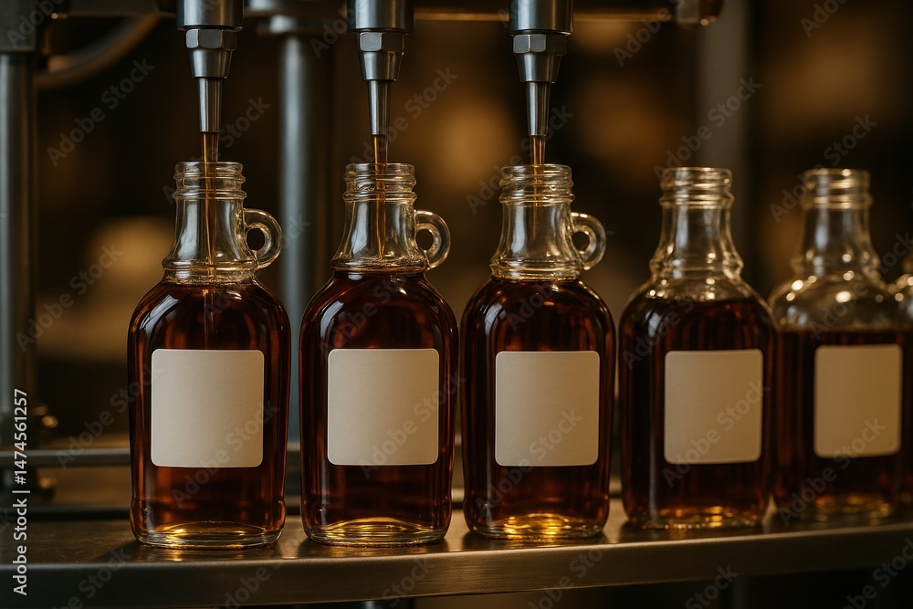 Maple syrup being poured into glass bottles on a bottling line in a factory