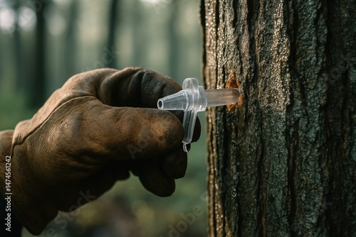 Obraz na płótnie Close up of a farmer's gloved hand installing a plastic spile into a maple tree trunk to collect sap for maple syrup production w salonie