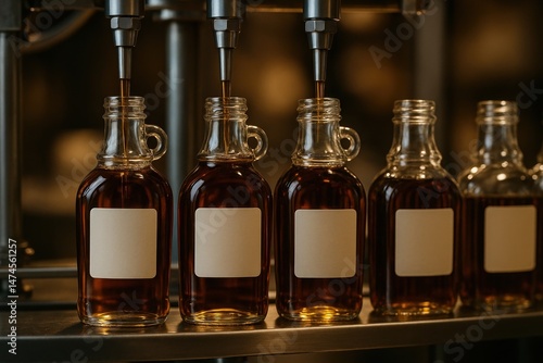 Obraz na płótnie Maple syrup being poured into glass bottles on a bottling line in a factory w salonie