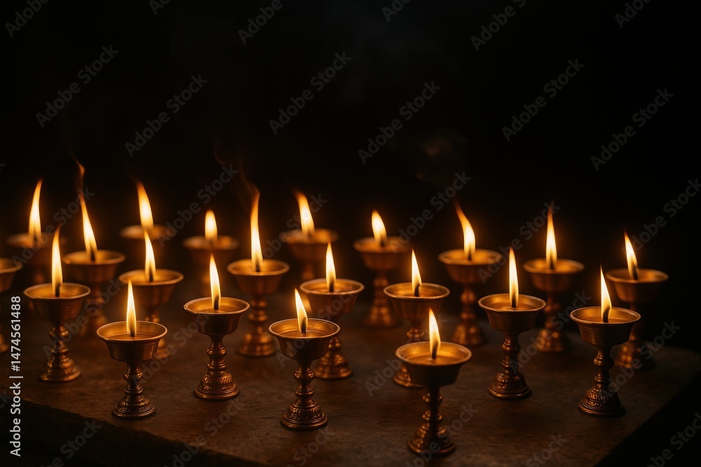 Butter lamps burning brightly in the darkness, creating a warm and spiritual atmosphere