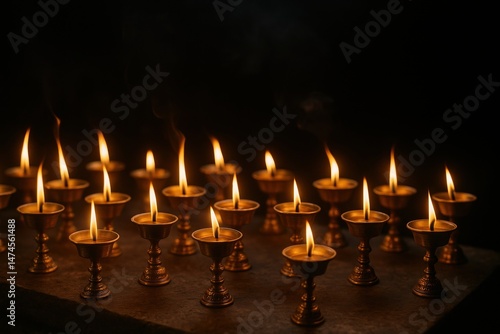 Obraz na płótnie Butter lamps burning brightly in the darkness, creating a warm and spiritual atmosphere w salonie