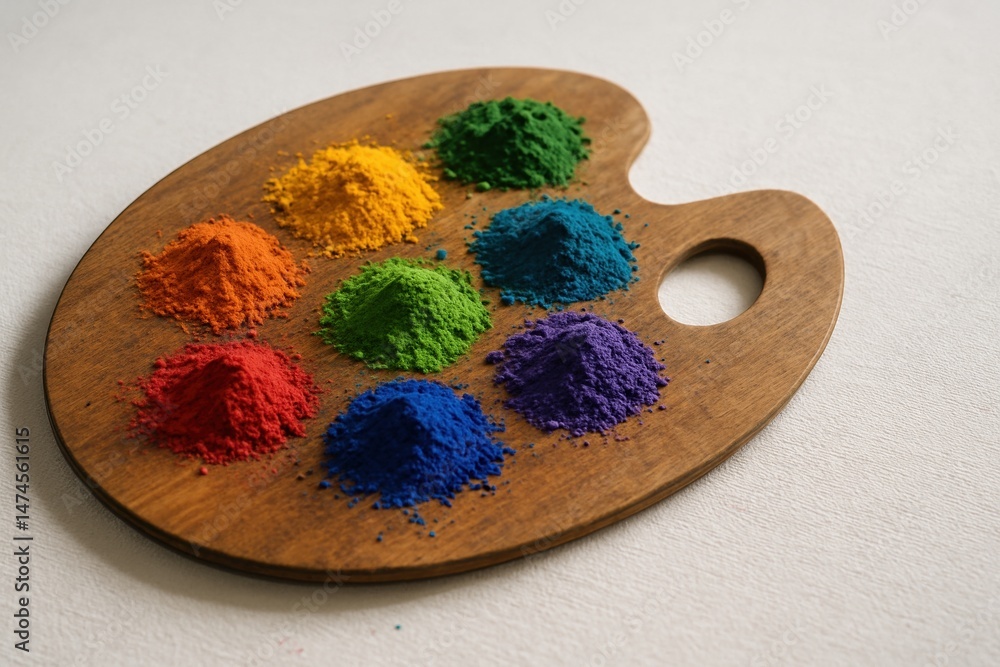 Rainbow colored pigment powders arranged on a wooden palette on a white background, creating a vibrant and artistic composition
