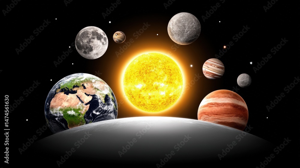 Naklejka premium Solar System with Planets and Earth Surrounded by Stars and Bright Sun in Space