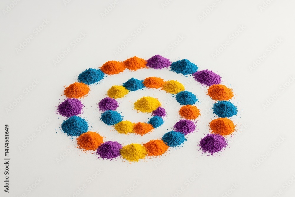 Vibrant holi powder arranged in a spiral shape, creating a colorful pattern on a white background