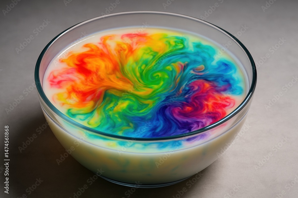 Rainbow food coloring swirling in a bowl of milk, creating psychedelic patterns and mixing colors