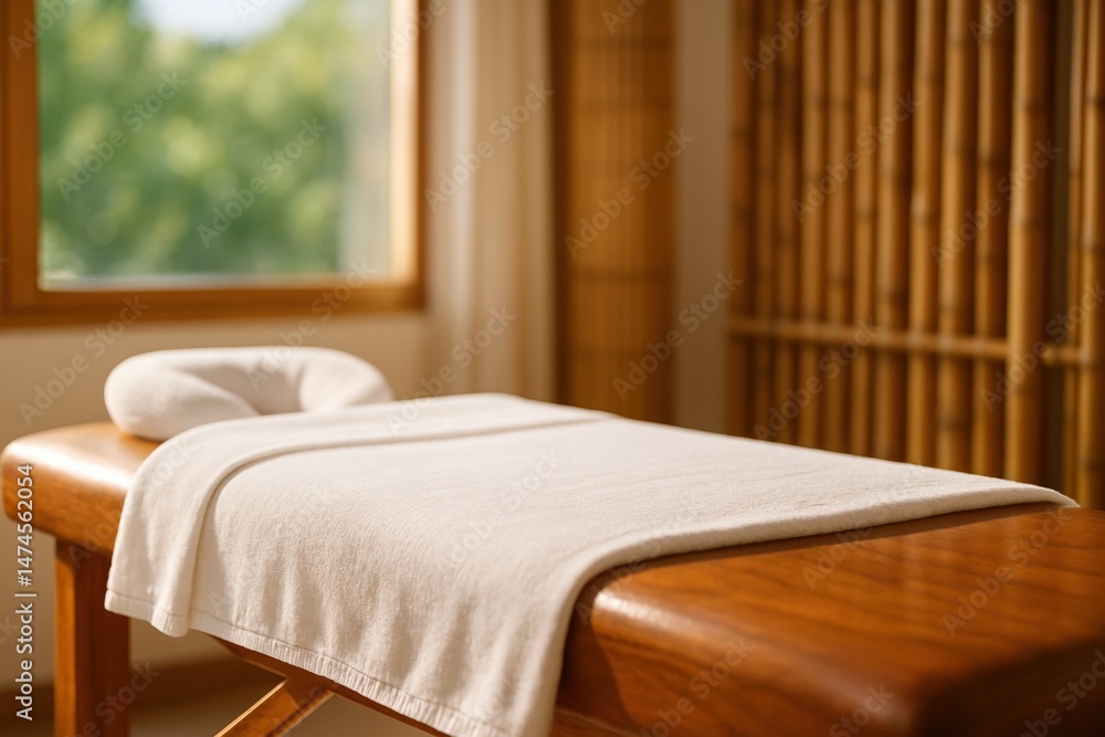 Wooden massage table with fresh white sheets and headrest pillow in sunlit spa room with bamboo wall, ready for relaxing treatment