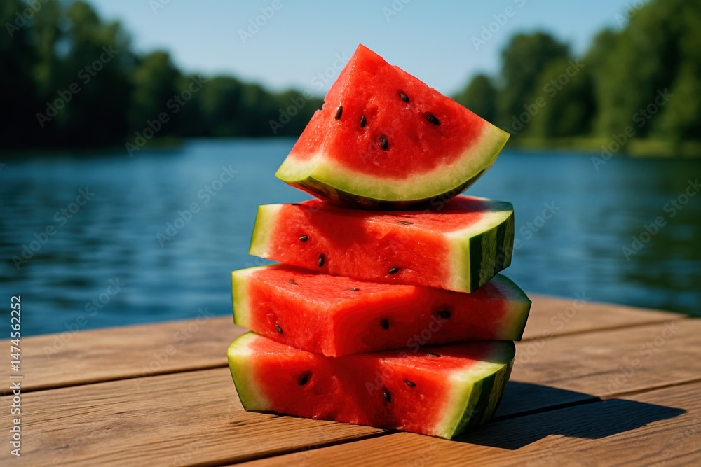 Refreshing watermelon slices arranged on a wooden surface with a tranquil lake in the background, creating a perfect summer scene
