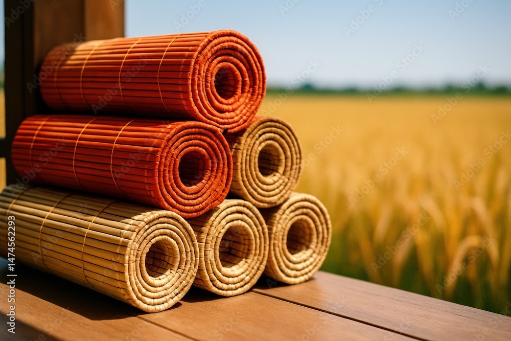 Rolled bamboo mats of varying colors stacked on a wooden surface, with a blurred golden field in the background, creating a peaceful and natural scene