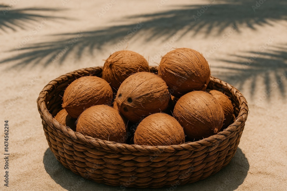 Several coconuts lie in a wicker basket on a sandy beach, with palm tree shadows creating a tropical atmosphere