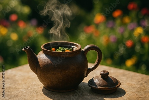 Brown clay teapot with steaming herbal tea, enjoying a moment of relaxation in a colorful garden