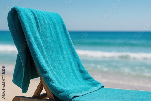 Turquoise beach towel hanging on a wooden deck chair with blurry ocean in the background