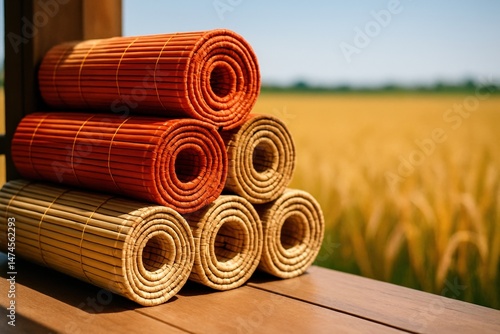 Obraz na płótnie Rolled bamboo mats of varying colors stacked on a wooden surface, with a blurred golden field in the background, creating a peaceful and natural scene w salonie