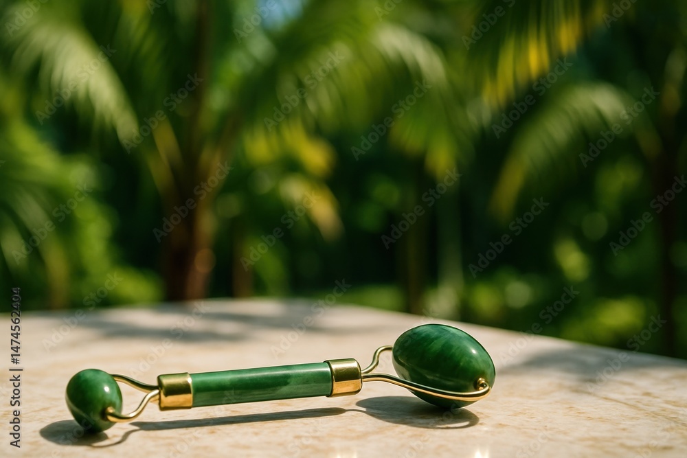 Nephrite jade roller laying on a marble surface with blurred tropical vegetation background, promoting skincare and relaxation