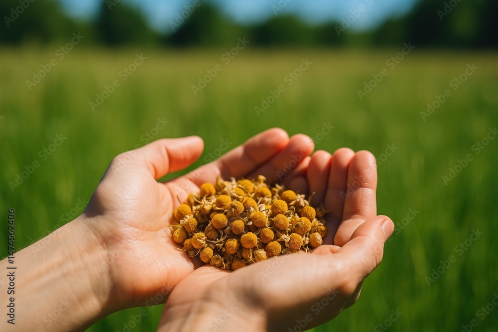Close up of farmer holding chamomile crop in open hands in cultivated field, herbal medicine concept