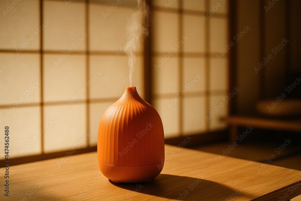 Orange electric diffuser spreading aromatherapy vapors in a tranquil minimalist room with traditional Japanese sliding doors