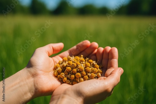 Obraz na płótnie Close up of farmer holding chamomile crop in open hands in cultivated field, herbal medicine concept w salonie